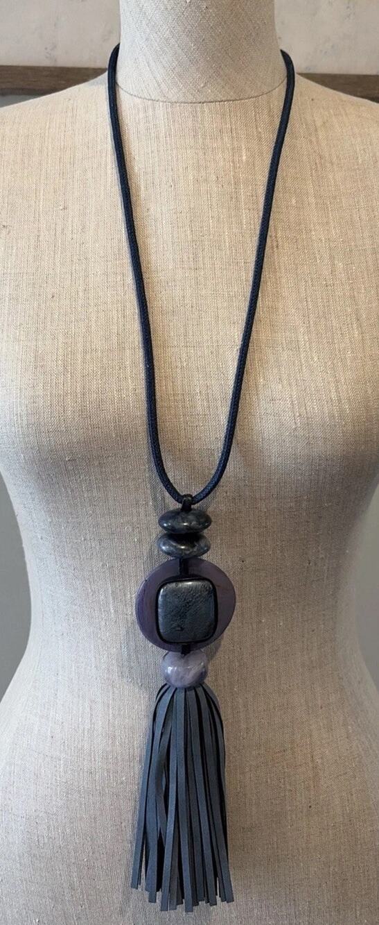 Chicos Denim Cord Tassel Pendant EUC